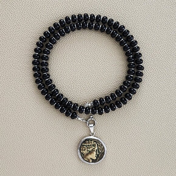 BLACK ONYX NECKLACE W/ GREEK COIN PENDANT--24" - Picture 1 of 4